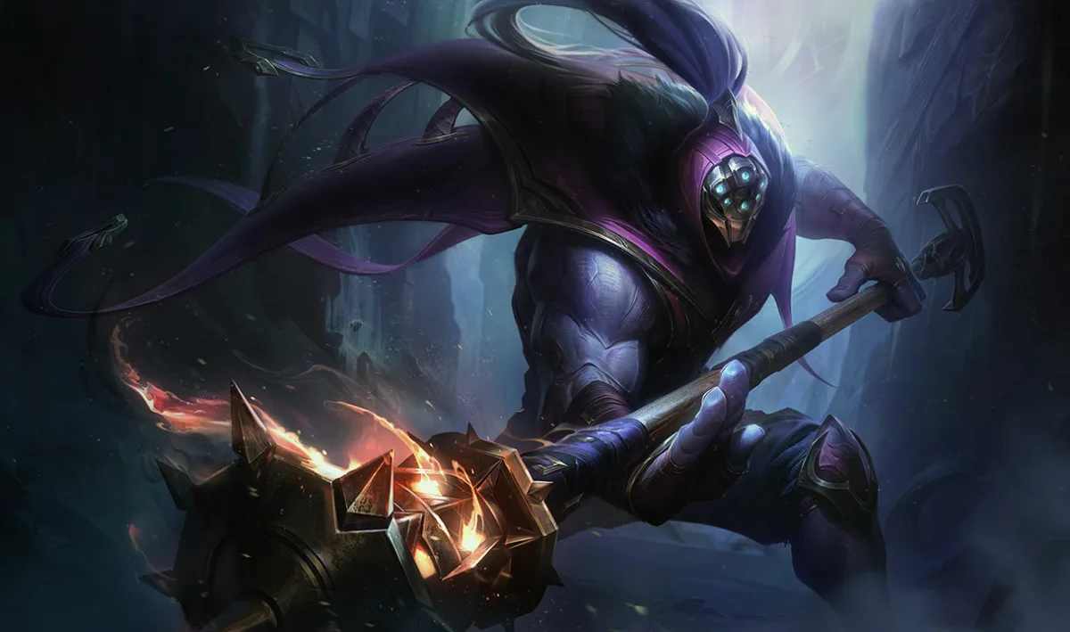 Jax wielding a flaming lamppost in a dark forest