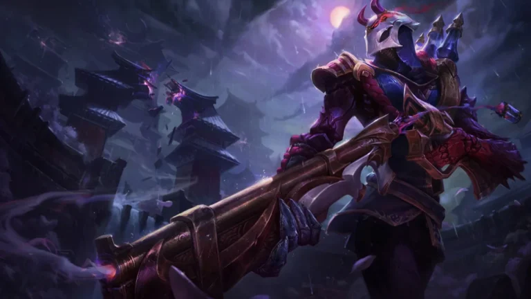 Blood Moon Jhin wears a horned pale mask and holds an ornate long gun beneath a pink moon and dark temple roofs.