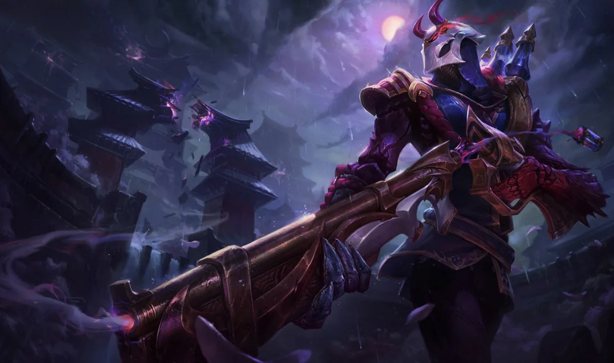 Blood Moon Jhin wears a horned pale mask and holds an ornate long gun beneath a pink moon and dark temple roofs.
