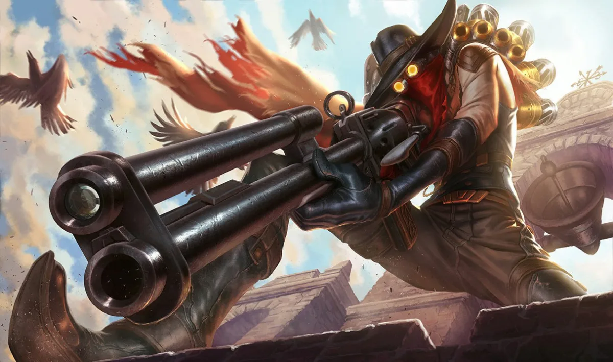 High Noon Jhin aiming a twin-barreled mechanical gun under a bright sky