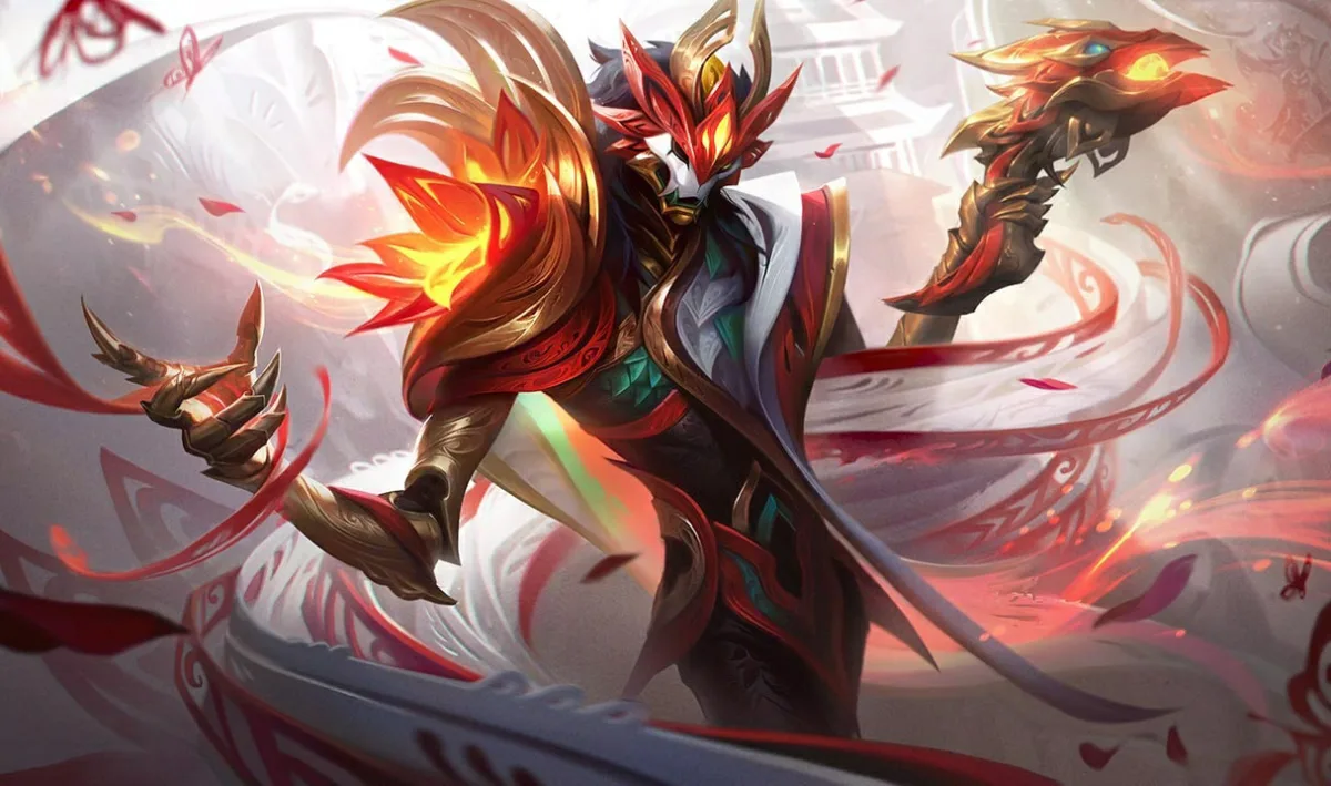 Mythmaker Jhin surrounded by red paper ribbons and serpent-shaped weapons