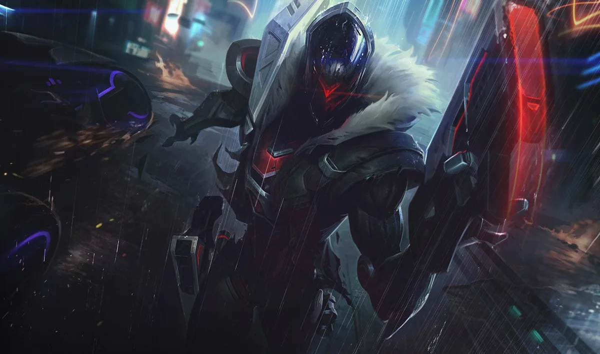 PROJECT Jhin standing in a rain-soaked cybernetic city