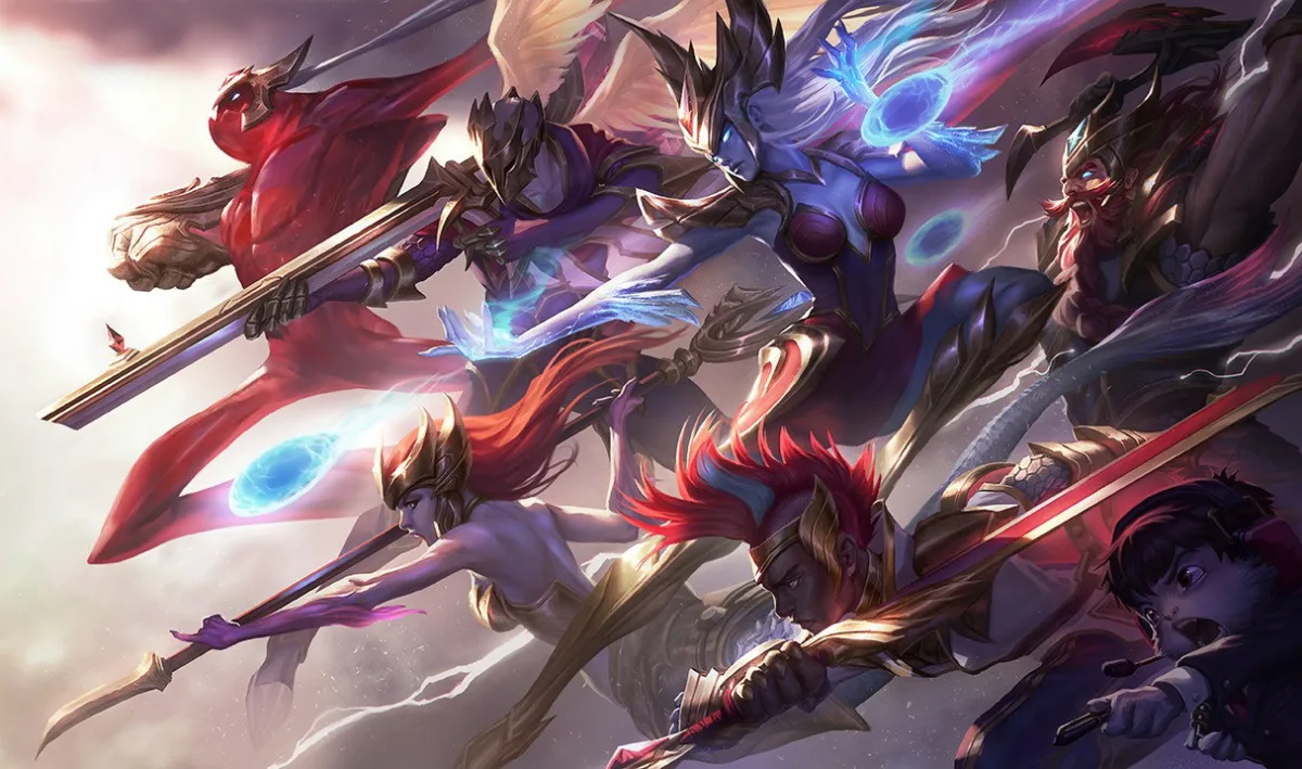 SKT T1 Jhin posing with the 2016 world champion team