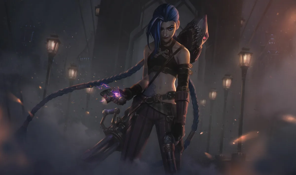 Arcane Enemy Jinx walking through rain with her Arcane weapons