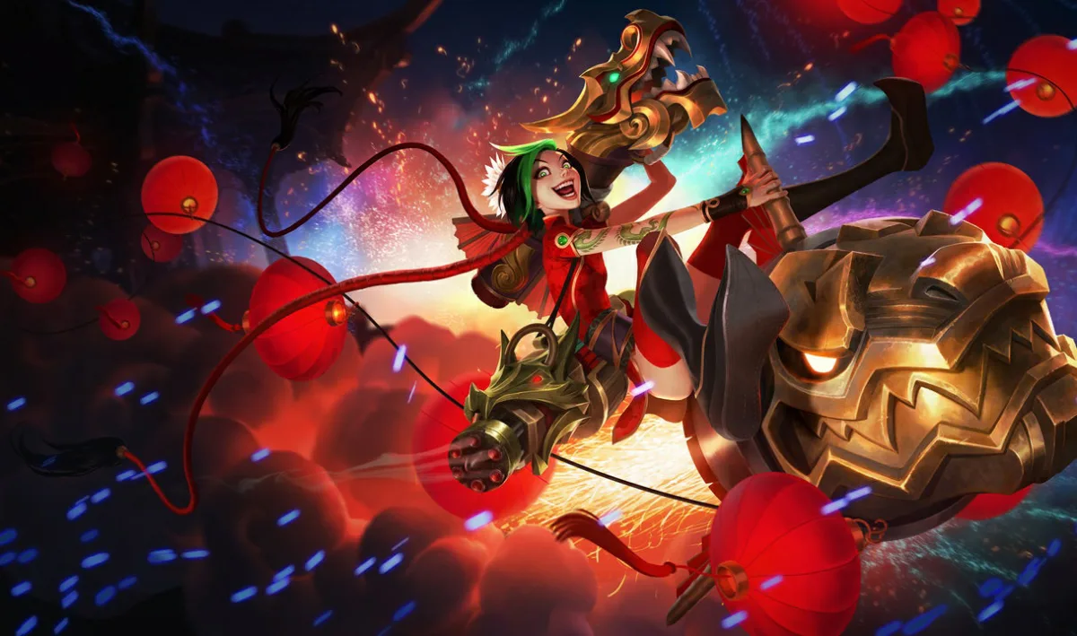 Firecracker Jinx riding a red dragon rocket through fireworks