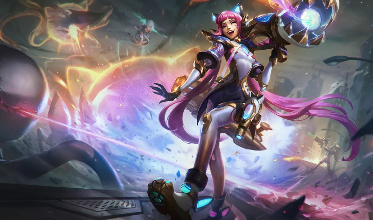 Prestige Battle Cat Jinx holding a crystal weapon in white and gold
