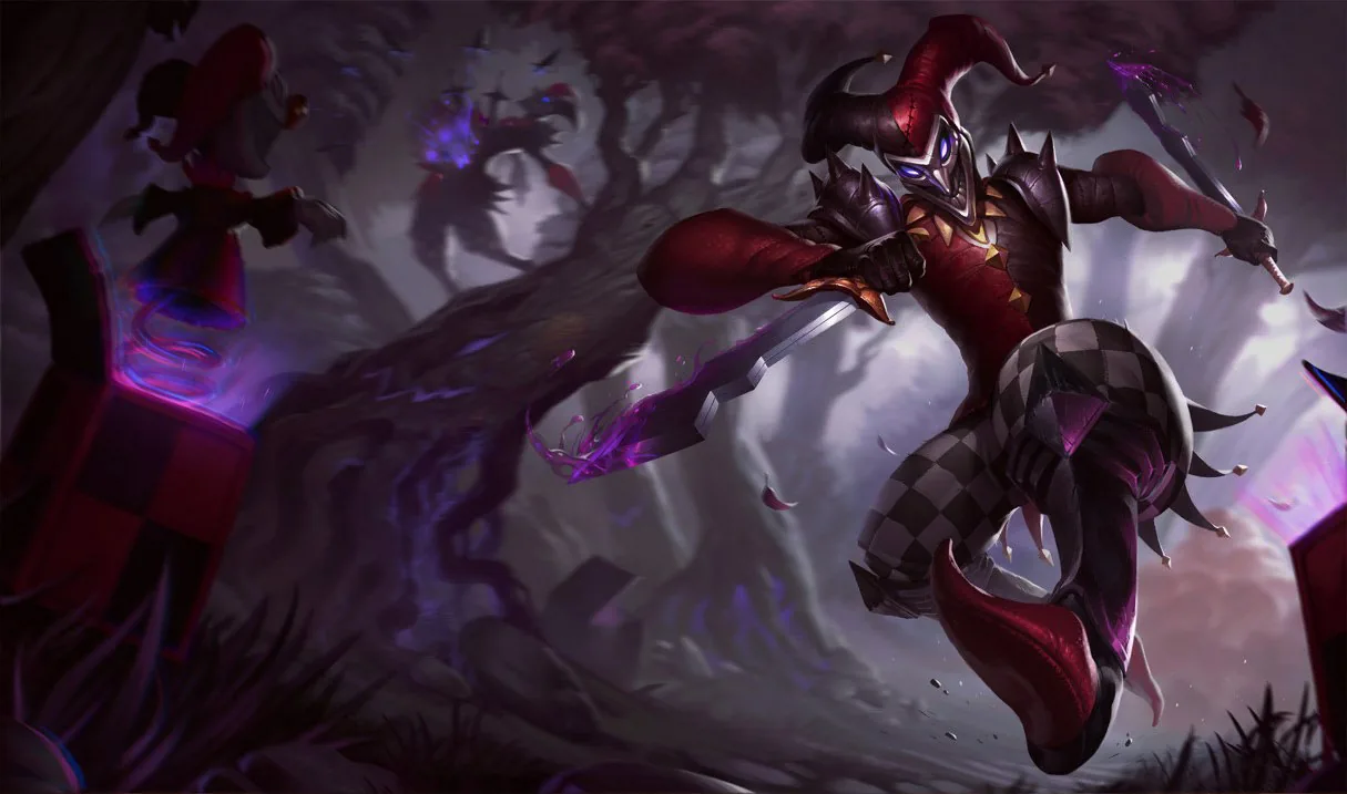 Shaco grins in official League of Legends splash art