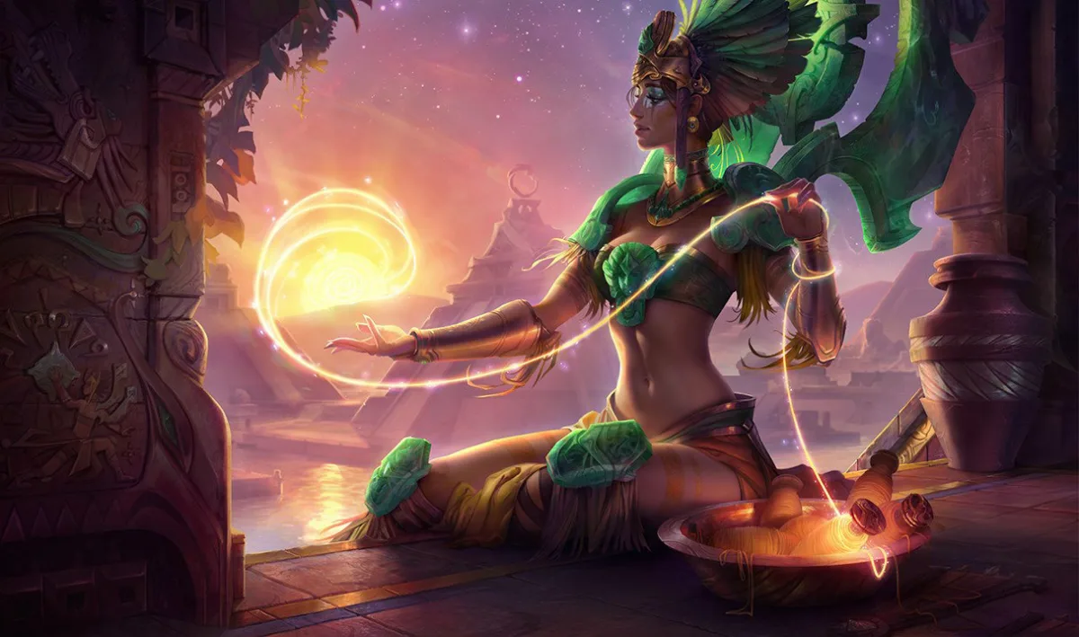 Sun Goddess Karma summoning a golden disc in a jungle temple