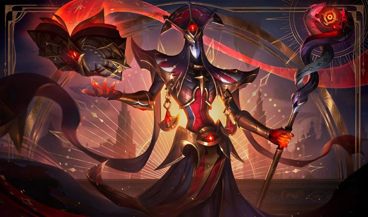 Arcana Karthus with a long pale mask, red jewels, gold-edged robes, a floating red-lit book, and an orb staff against geometric lines
