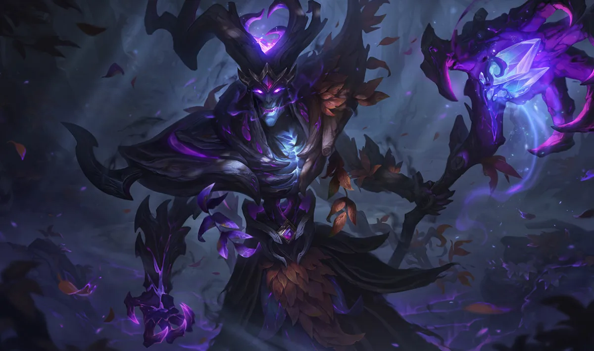 Elderwood Karthus with a horned wooden head, glowing purple eyes, pale luminous ribs, brown leaves, and a crystal-bearing branch staff