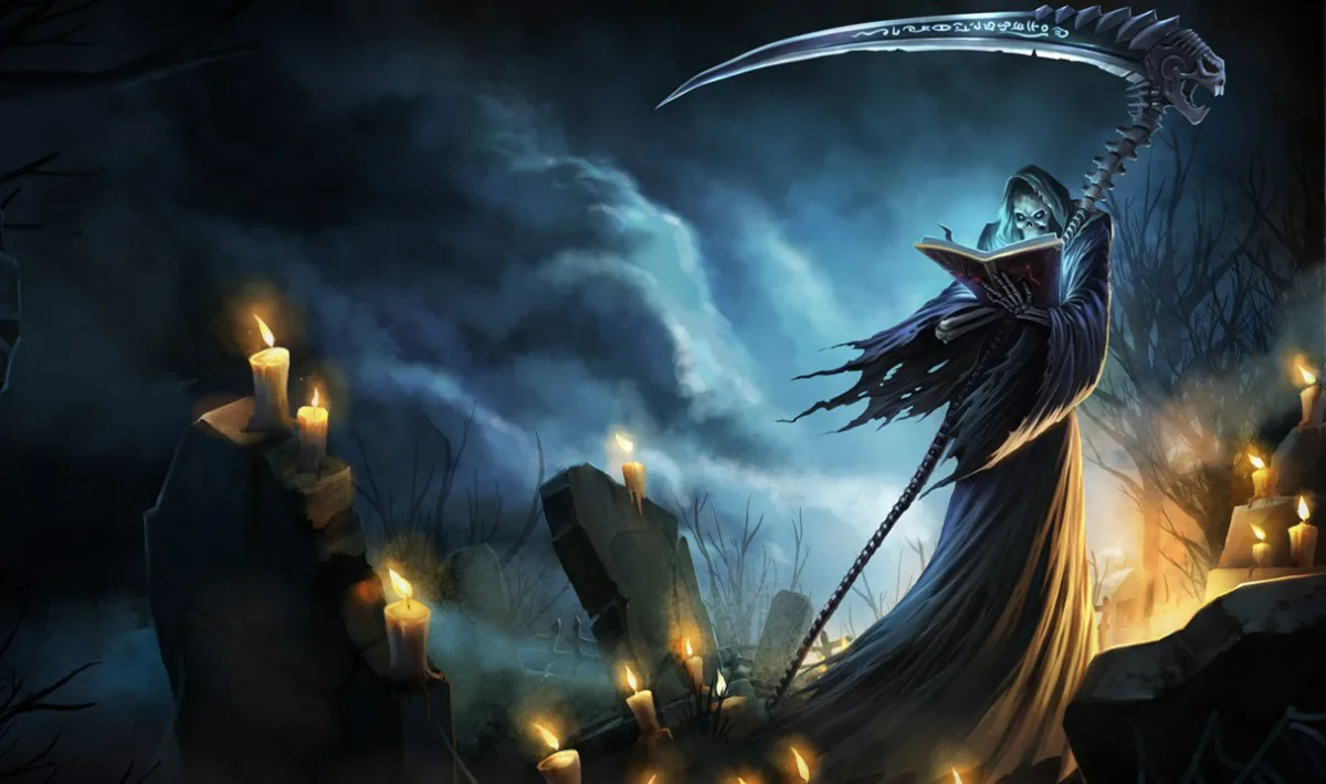 Grim Reaper Karthus in a ragged black hood holding a book and an enormous bone-shafted scythe in a candlelit graveyard