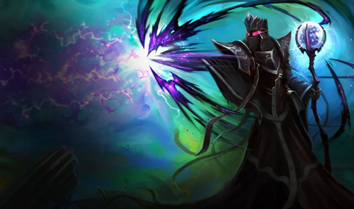 Phantom Karthus in dark silver-trimmed robes with a concealed face, bright pink eyes, and a luminous orb at the top of his staff
