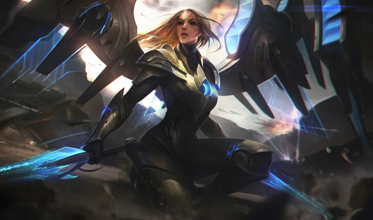 Aether Wing Kayle crouching in black armor with blue energy blades and mechanical wings