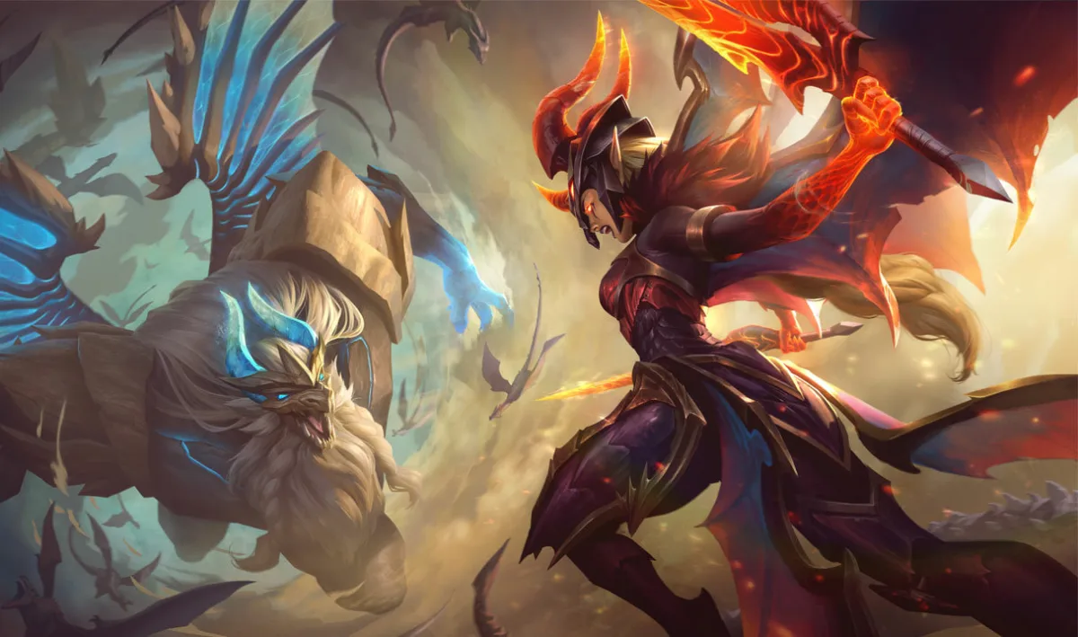 Dragonslayer Kayle raising a molten orange blade while a blue dragon charges