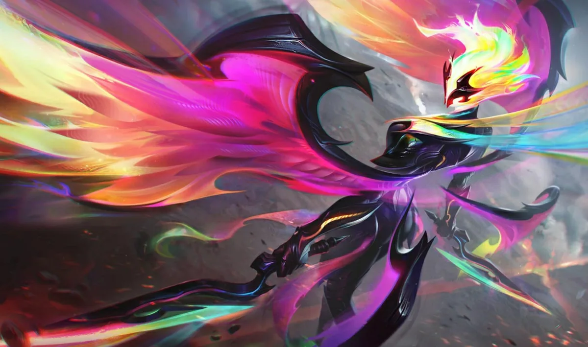 Empyrean Kayle spreading neon pink, yellow, and cyan wings over black armor