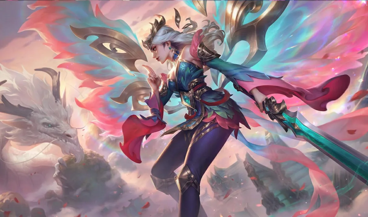 Immortal Journey Kayle drawing a green blade amid pastel dragon clouds and pink ribbons