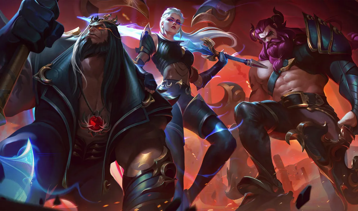 Pentakill III Lost Chapter Kayle standing between two bandmates in blue and red stage light