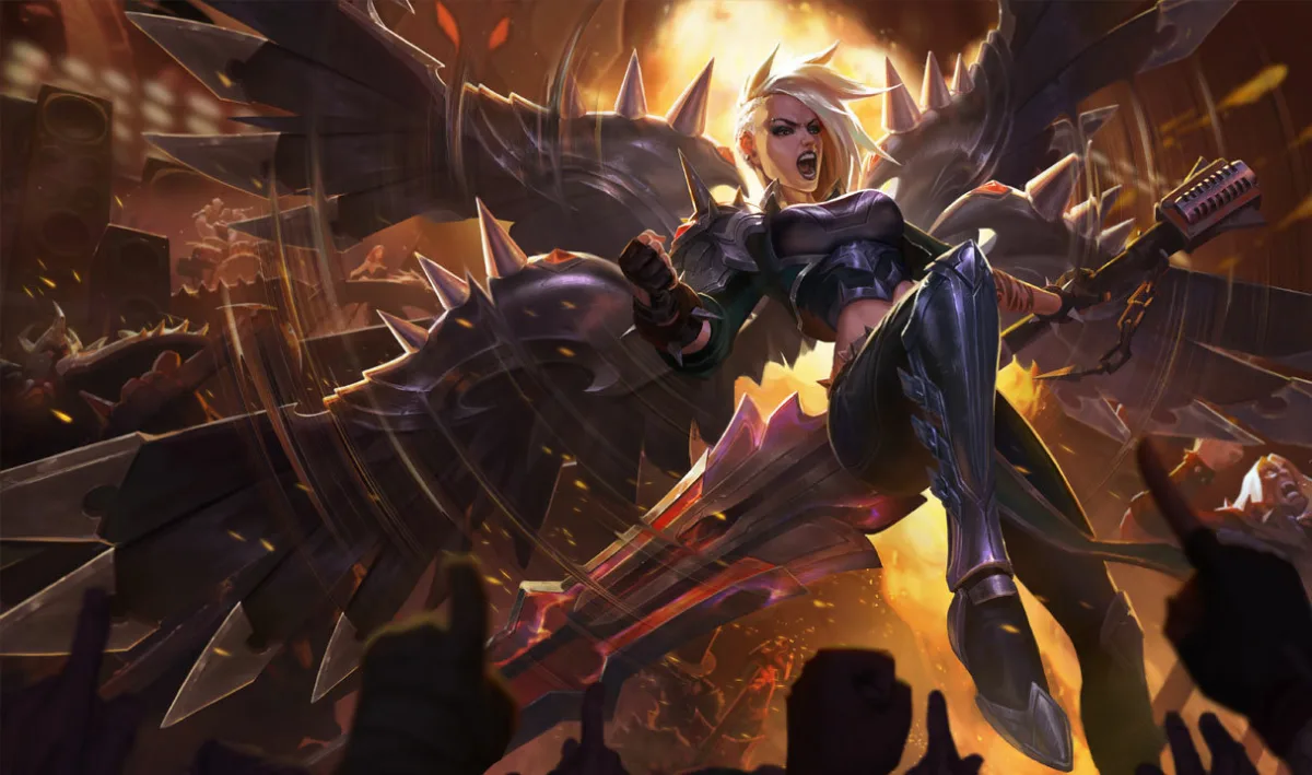Pentakill Kayle singing above a crowd with a spiked black stage rig behind her