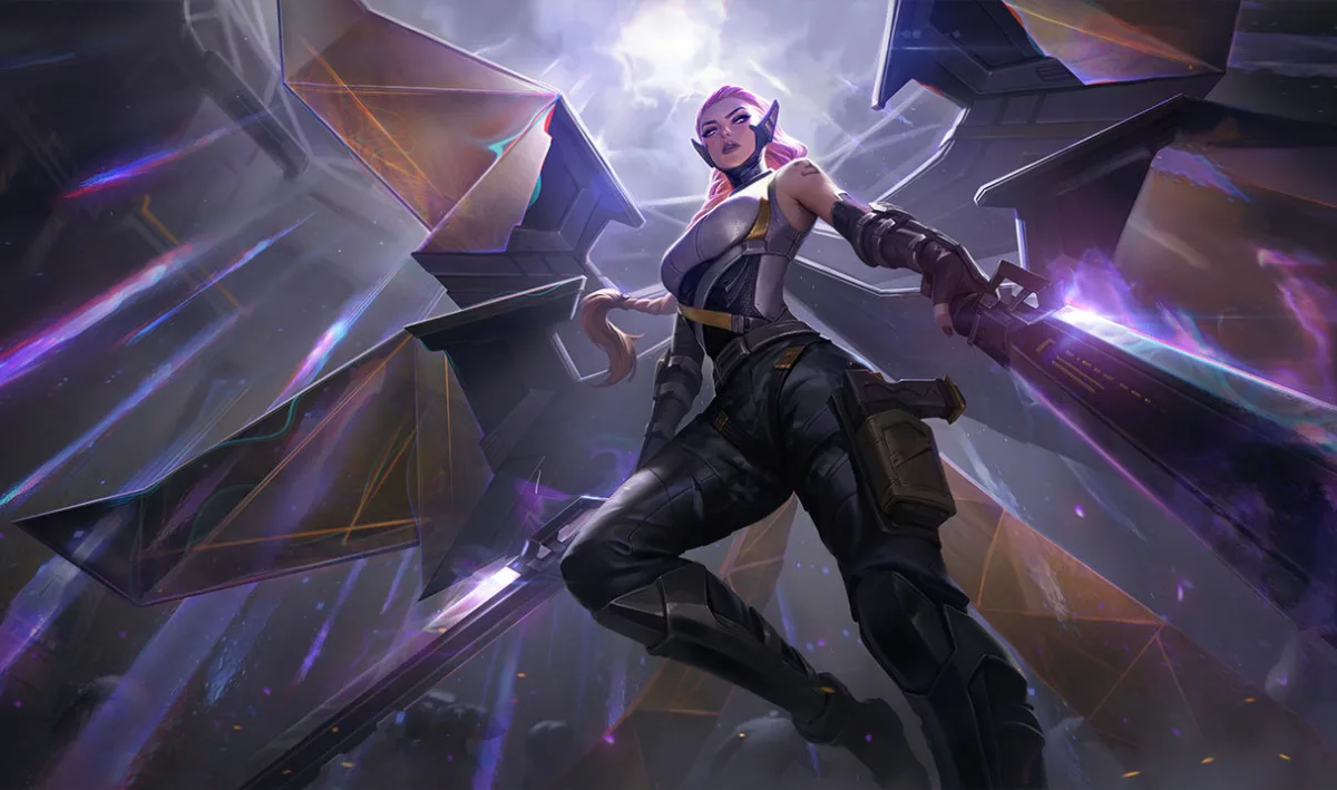 PsyOps Kayle holding prismatic blades beneath angular black wings
