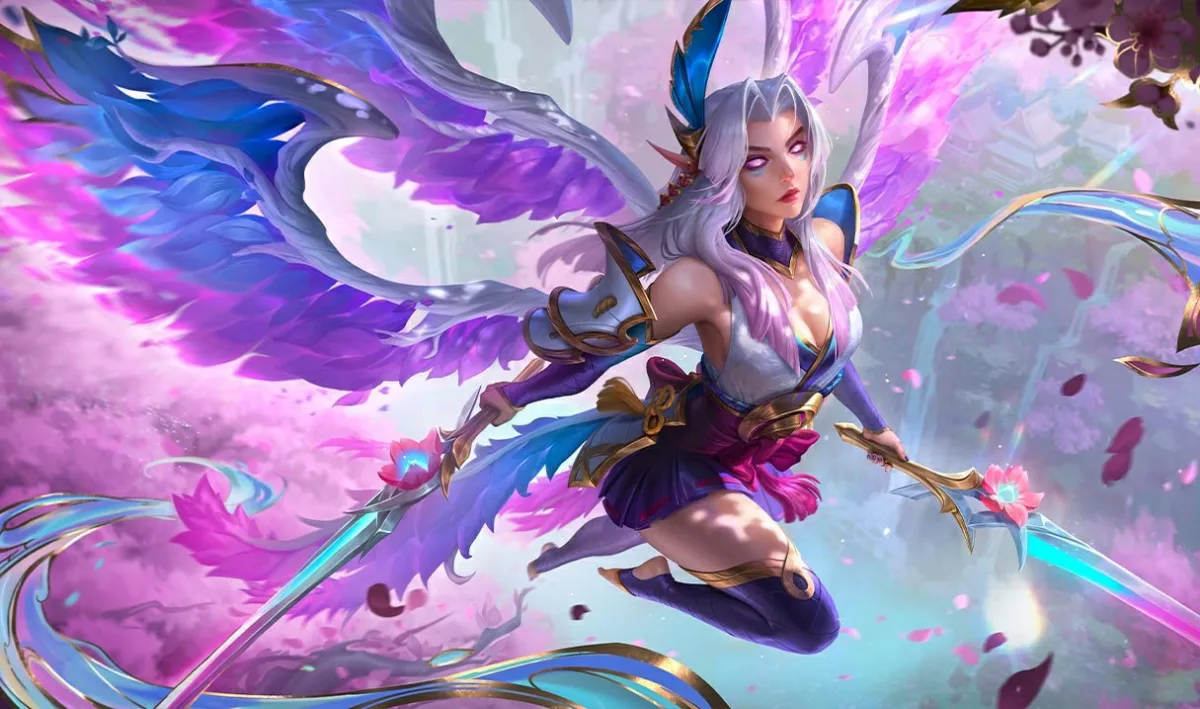 Spirit Blossom Kayle flying through pink petals with blue and violet floral wings