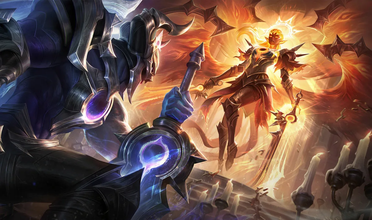 Sun-Eater Kayle blazing with orange light above a dark armored warrior