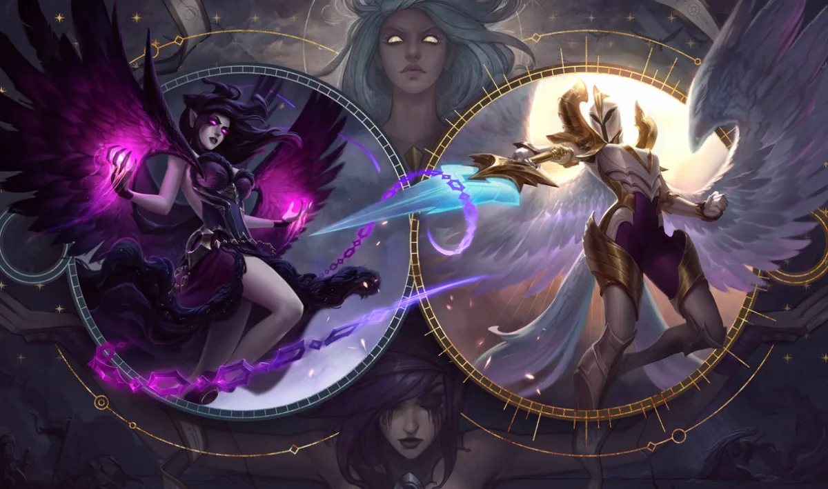 Kayle raising a golden sword opposite Morgana inside celestial circles