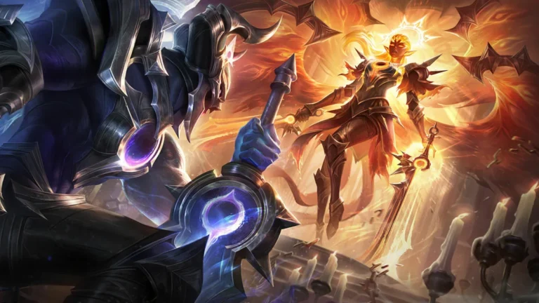 Sun-Eater Kayle floats in dark armor with fiery wings and a long sword before a blue-armored figure.