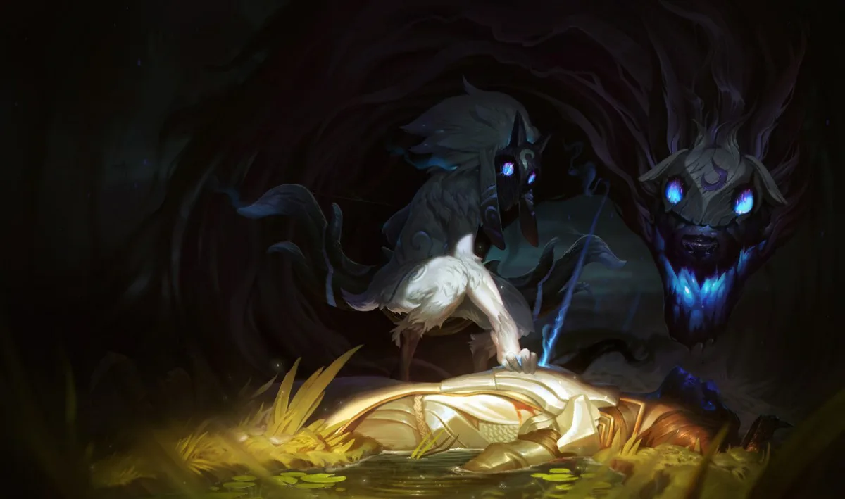 Lamb crouches above a fallen armored figure while Wolf looms beside her with glowing blue eyes and jaws.