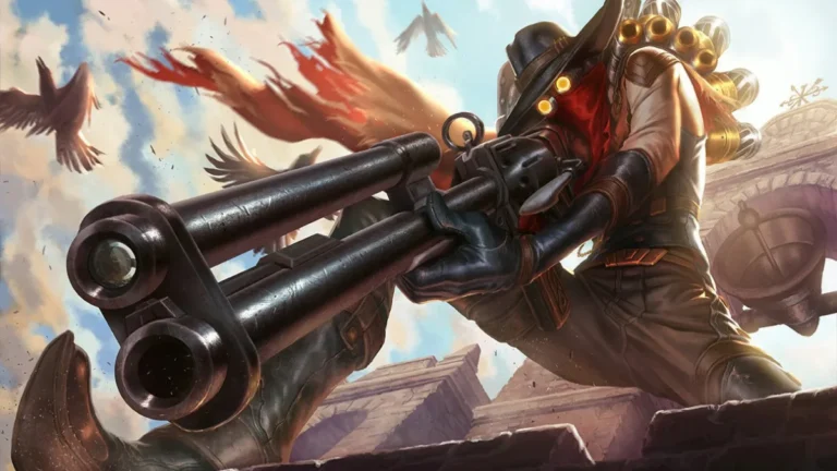 High Noon Jhin aims a long-barreled gun beneath a wide hat, with a red scarf and birds behind him.