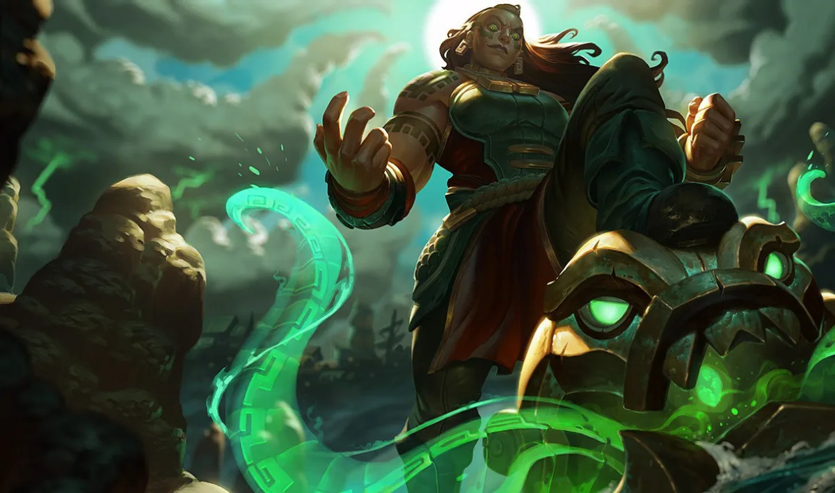 Illaoi rests one foot on a gold idol while glowing green tentacles curl around the foreground.