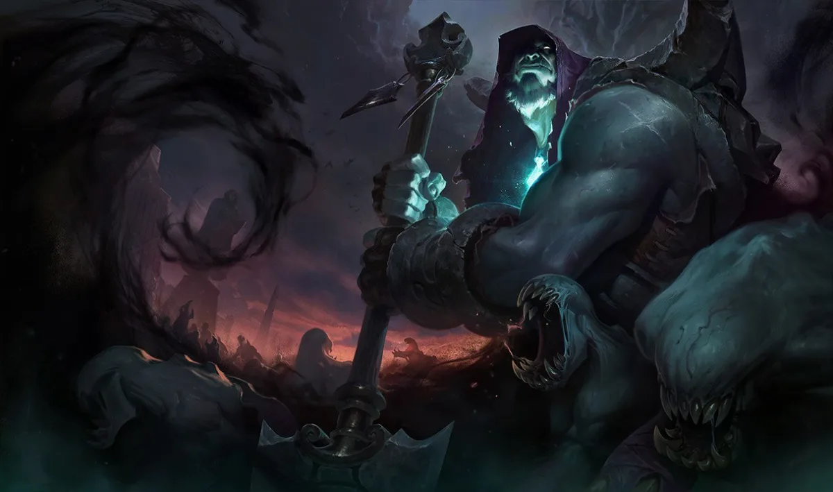 Yorick grips a long spade in a dark hood while pale creatures crowd the foreground.