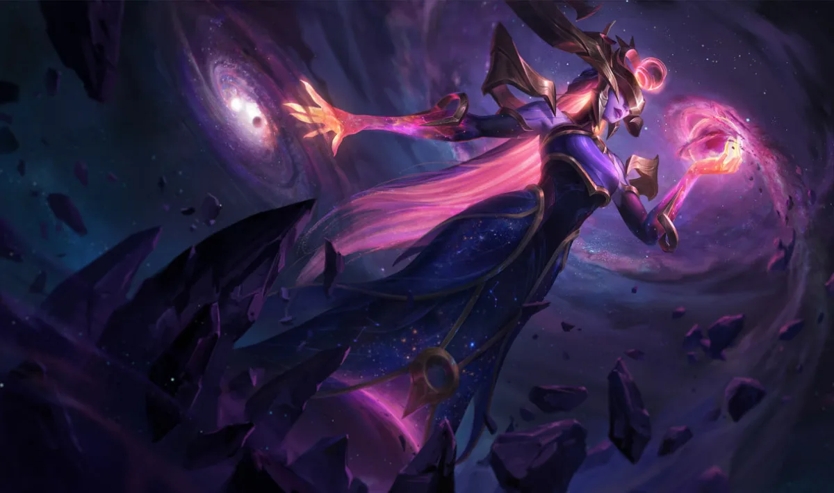 Dark Cosmic Lissandra floats among galaxies with flowing pink hair and glowing energy around her hands.
