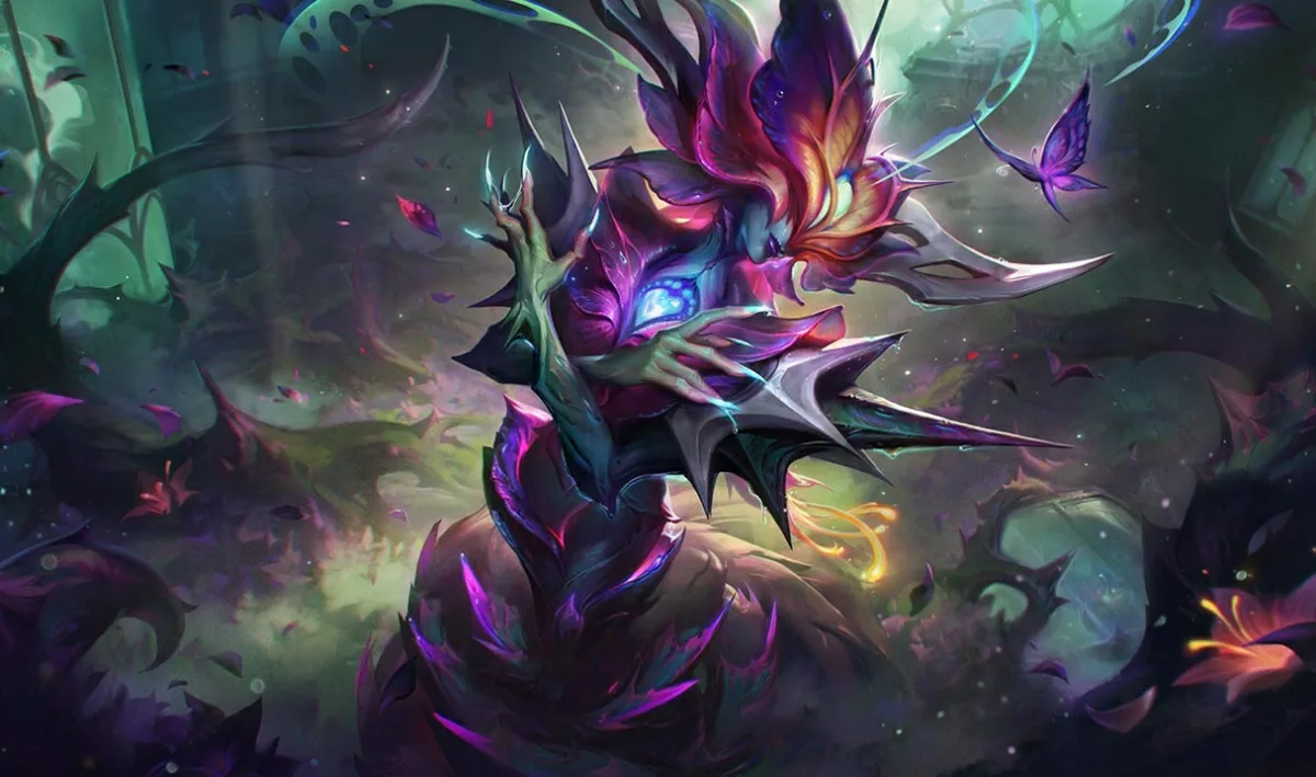 Flora Fatalis Lissandra cups a cyan glow with thorned green hands beneath purple petals.