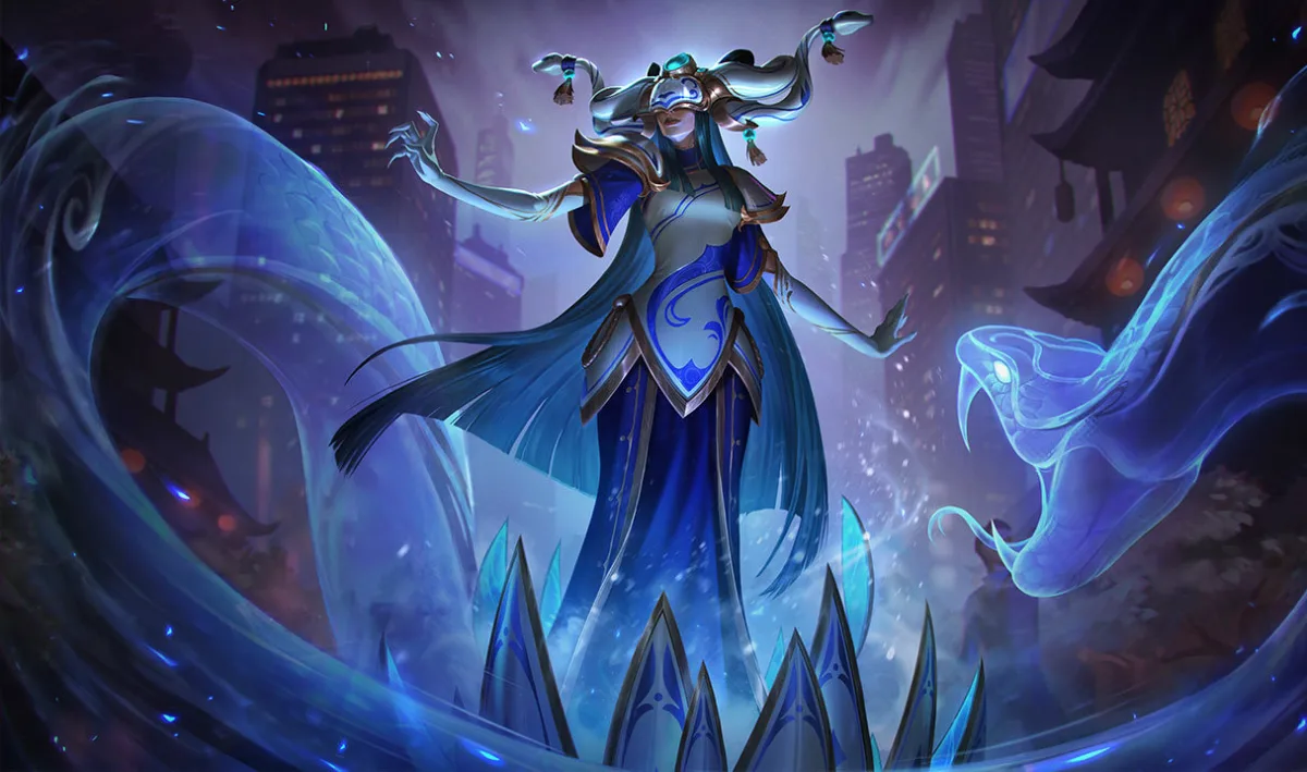 Porcelain Lissandra wears blue-and-white ceramic armor beside a curling luminous blue serpent.