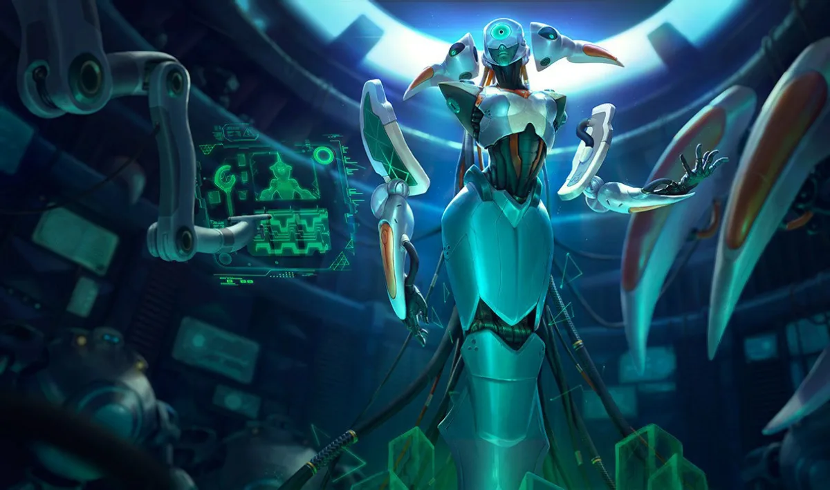 Program Lissandra has white segmented armor, a glowing teal eyepiece and orange accents beside a holographic display.