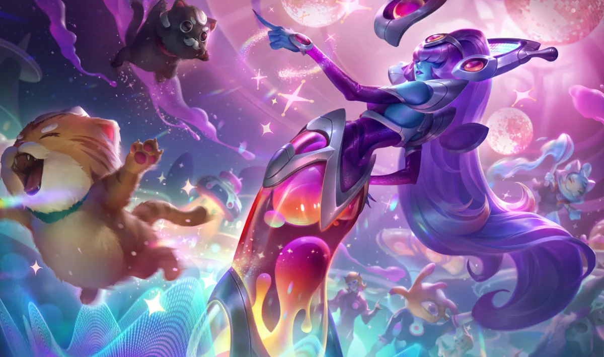 Space Groove Lissandra wears a rounded space helmet and a pink-and-orange lava-lamp gown amid colorful creatures.