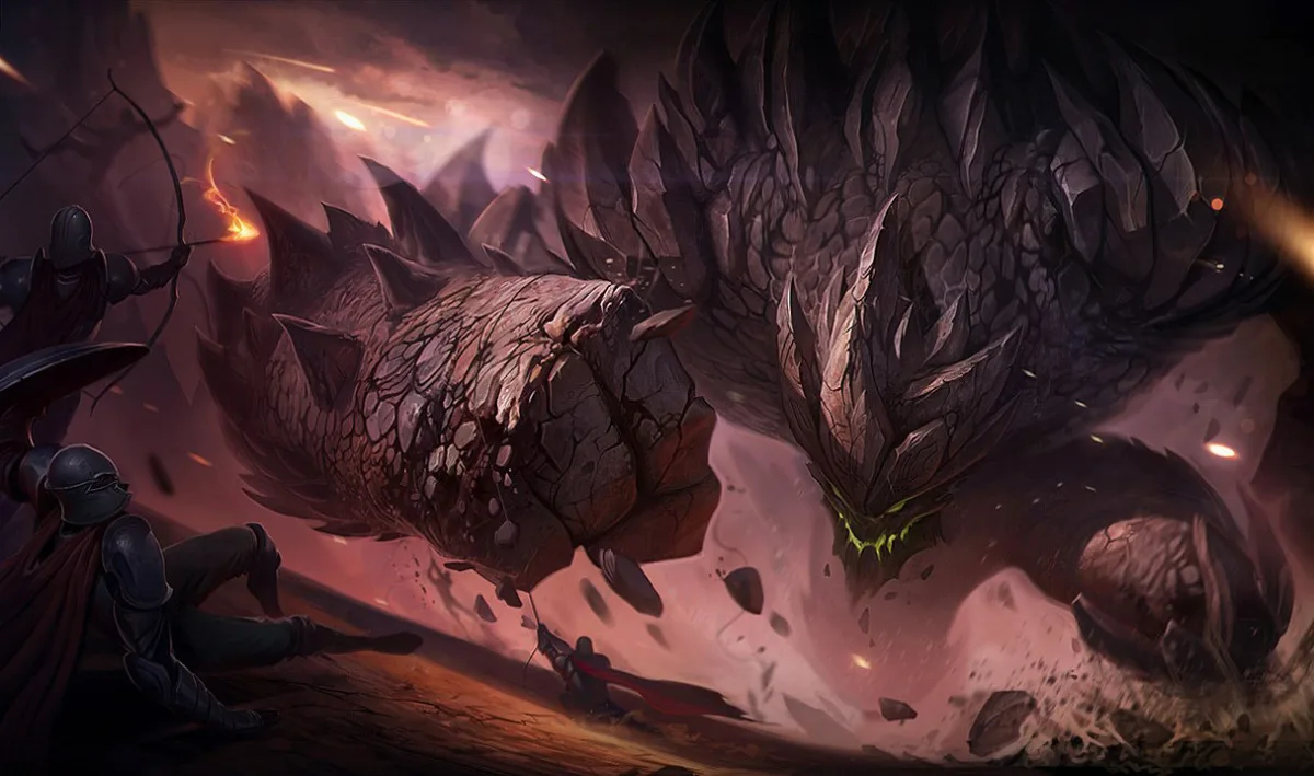 Malphite rising from shattered rock in official League of Legends splash art