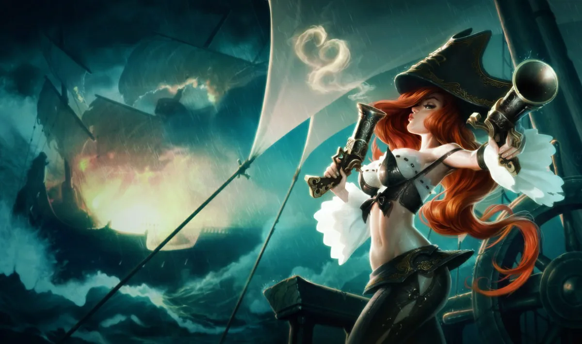 Miss Fortune standing on a ship with a pistol in each hand