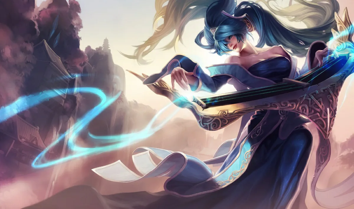 Sona playing her etwahl in official League of Legends splash art