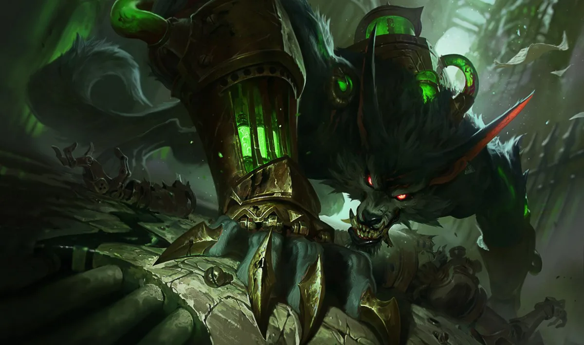 Warwick stalking through Zaun in official League of Legends splash art