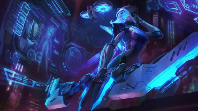 PROJECT Ashe holds a glowing blue energy bow beside holographic screens and a hovering drone