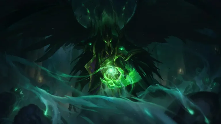 Tyrant Swain wears a dark beaked helmet and feathered armor while green light gathers around his hand.