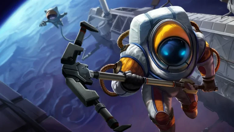 AstroNautilus floats beside a space station in a white-and-orange suit, holding a metal anchor.