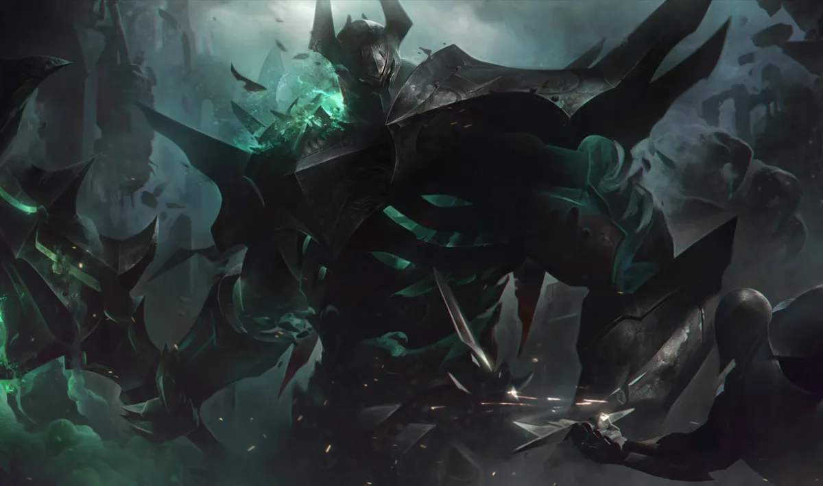 Mordekaiser looms in black spiked armor with green light inside his helmet, raising a huge armored hand over a fighter.