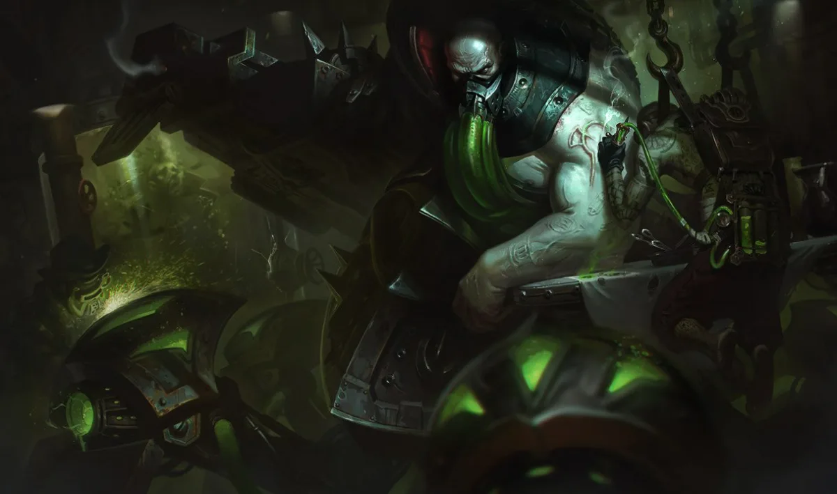 Urgot leans over a metal platform with green tubes attached to his face mask and a mechanical gun arm behind his shoulder.