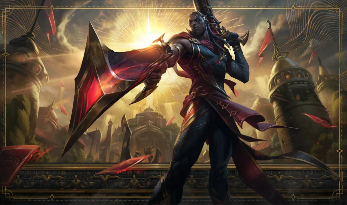 Arcana Lucian raising red and gold pistols before a celestial seal