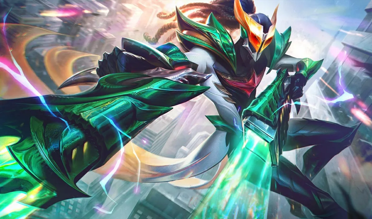 Masked Justice Lucian in a green Hyperguise suit surrounded by prismatic energy