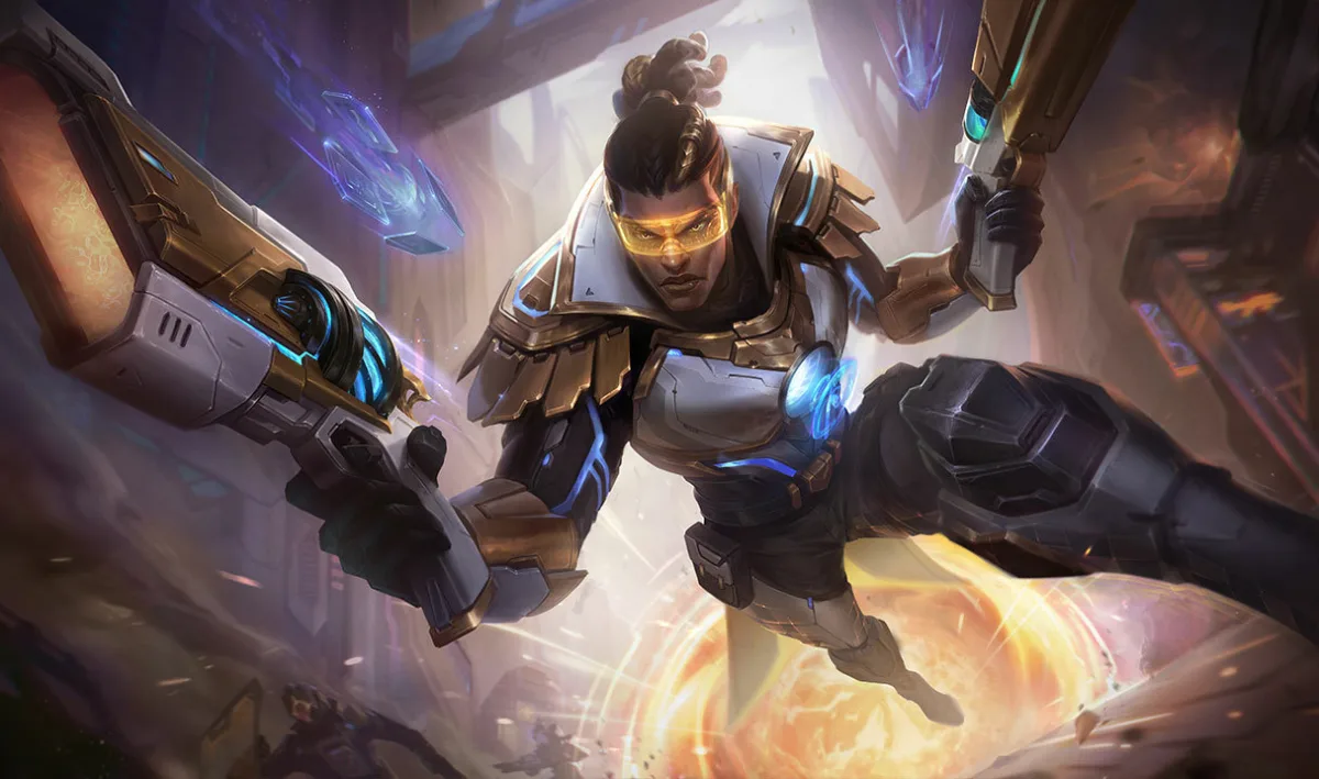 Prestige Pulsefire Lucian aiming gold and blue pistols in white armor