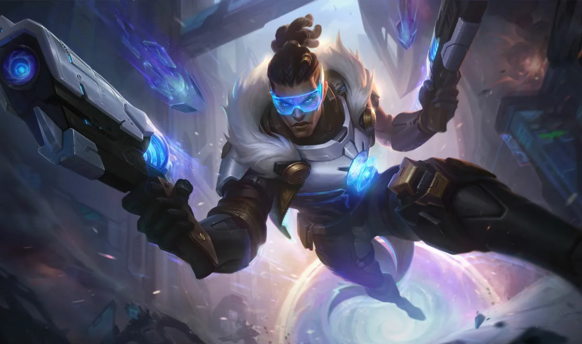 Pulsefire Lucian firing blue chronal pistols through a fractured timeline