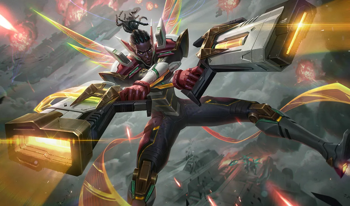 Strike Paladin Lucian piloting an armored exosuit with gold cannons